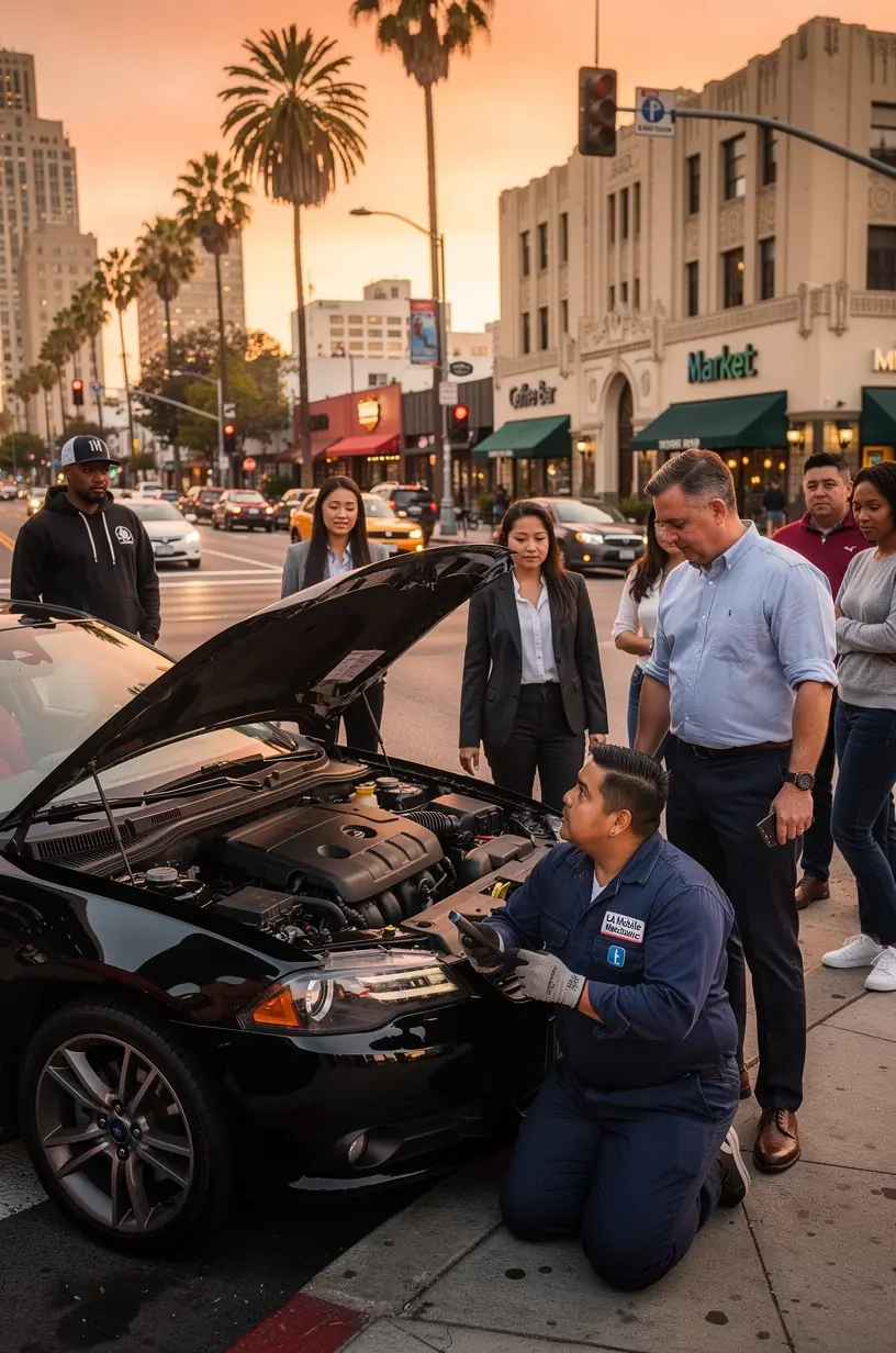 Mobile mechanic inspecting under the hood of a vehicle with a laptop connected for real-time diagnostics.