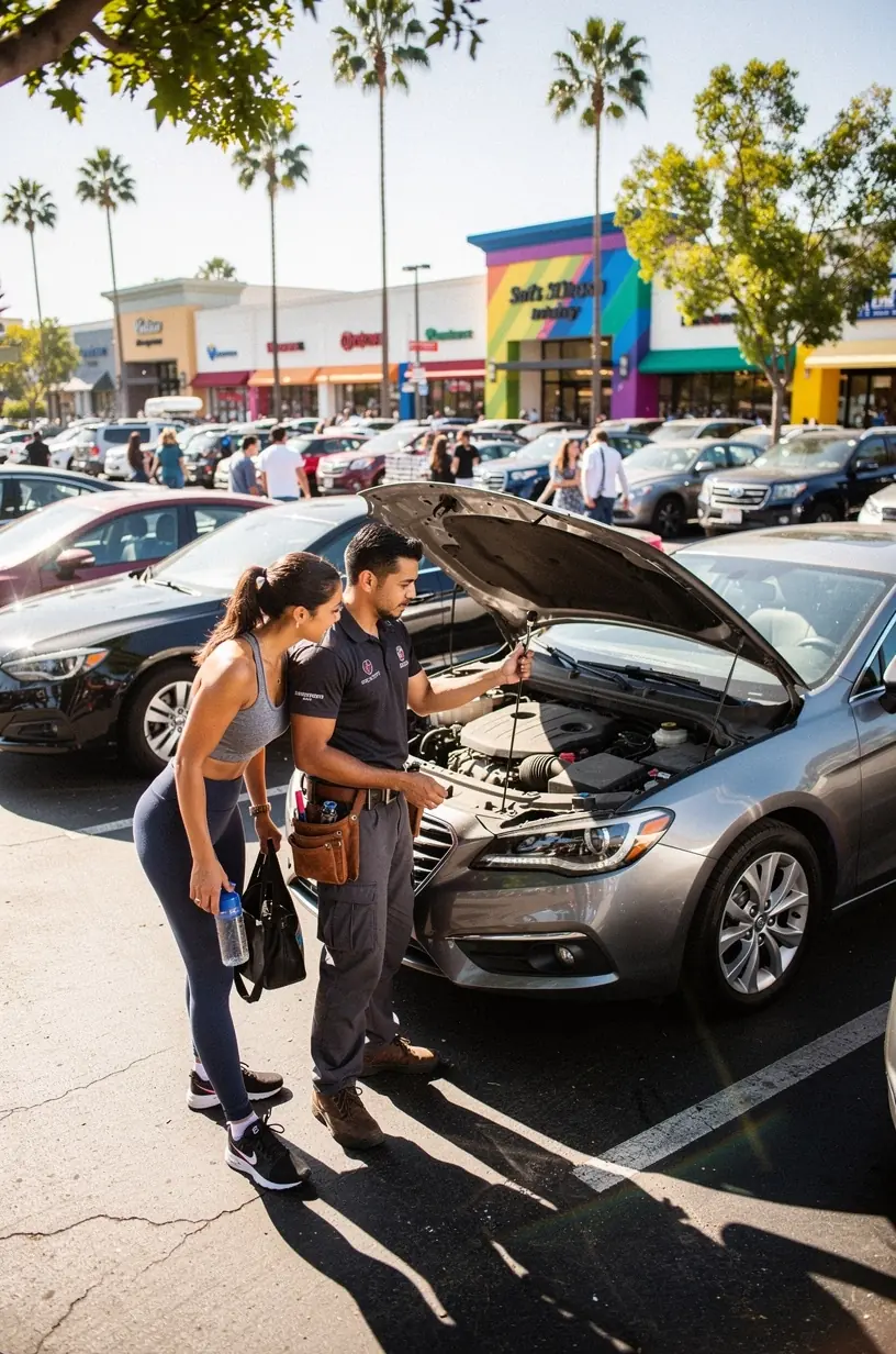 Technician providing transparent vehicle repair estimates to a customer at their home in Los Angeles.