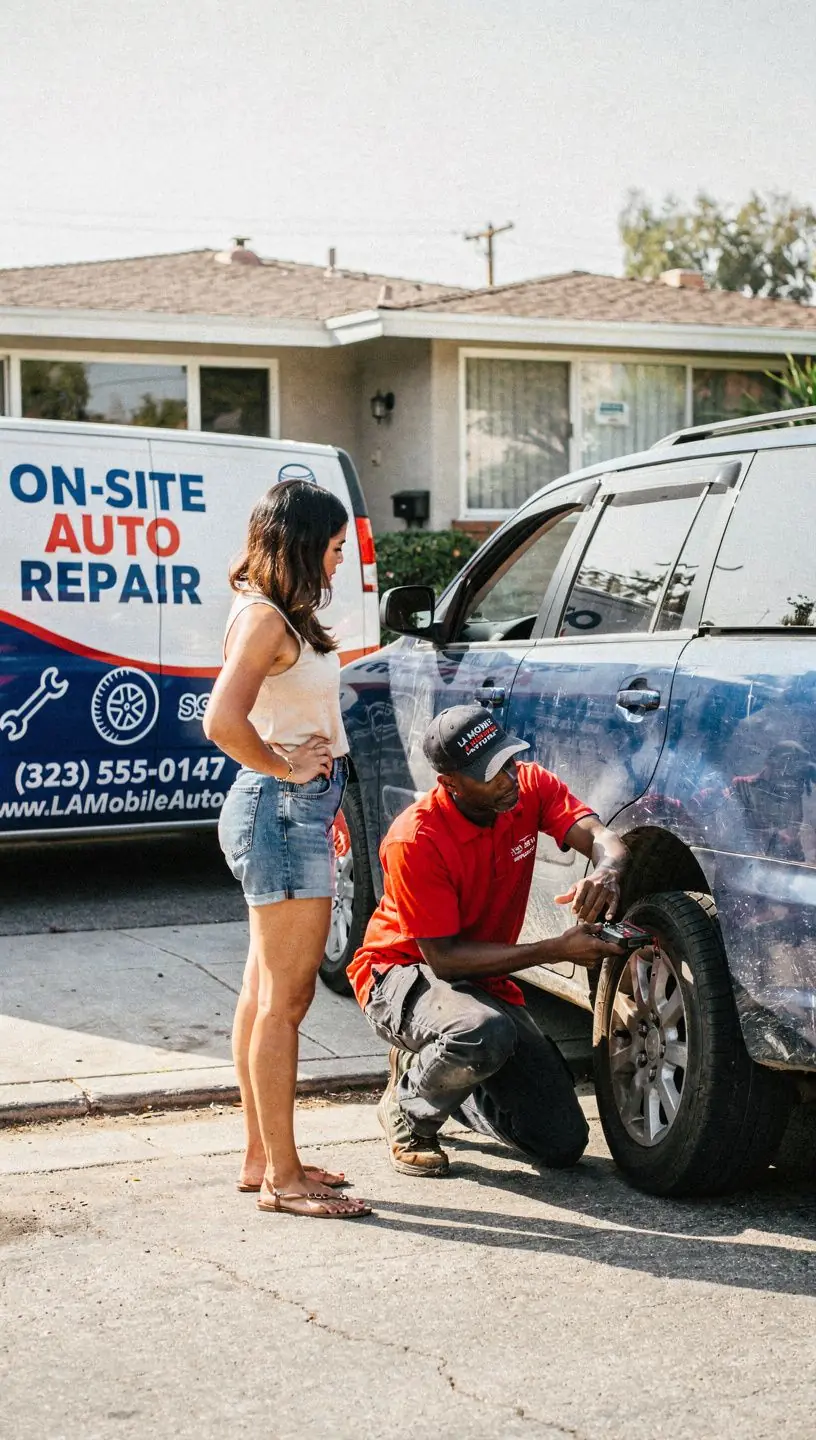 Emergency roadside assistance mechanic changing a flat tire on a busy Los Angeles street.